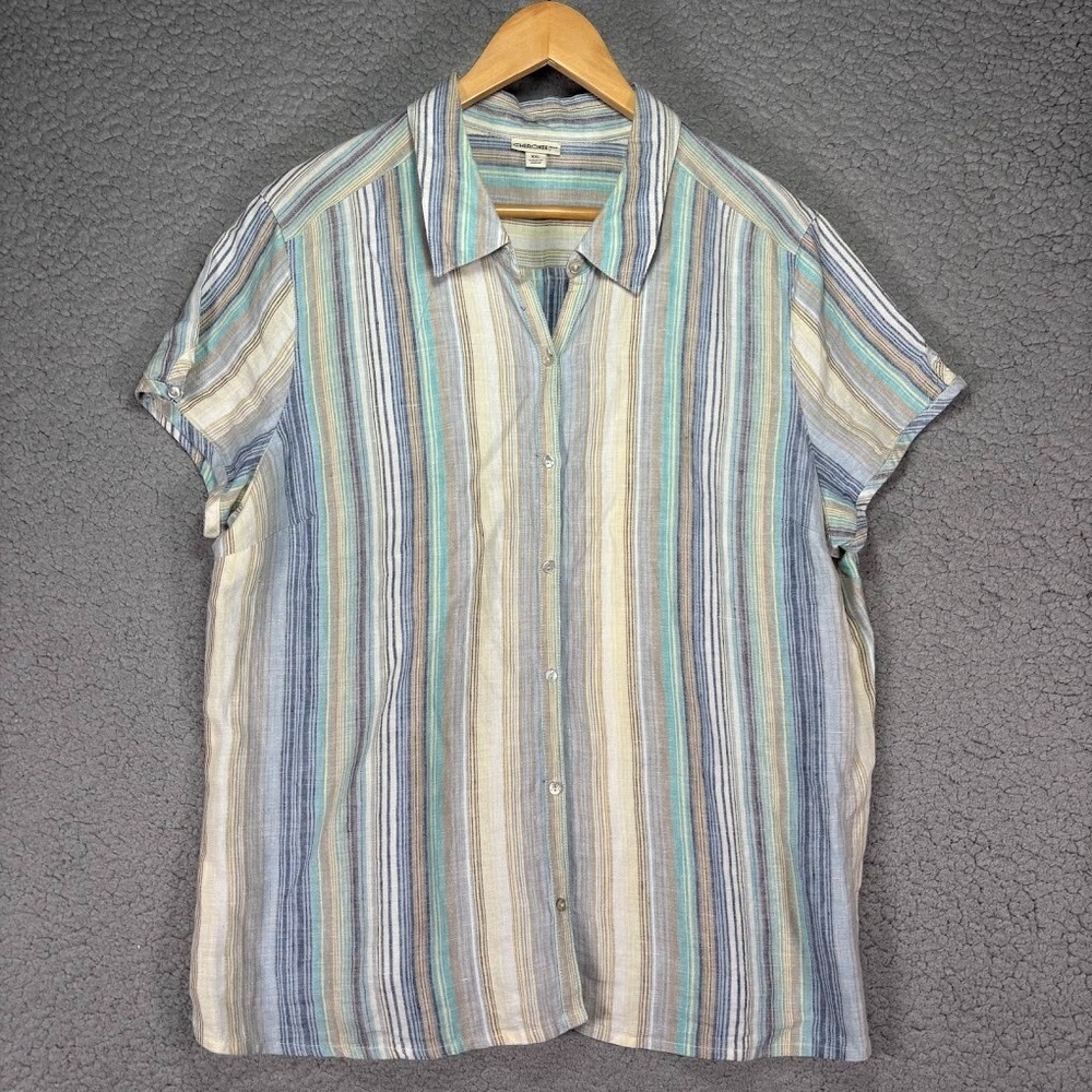 Cherokee Womens XXL 100% Linen Shirt Beach Lounge Multicolored Pink Blue Striped
